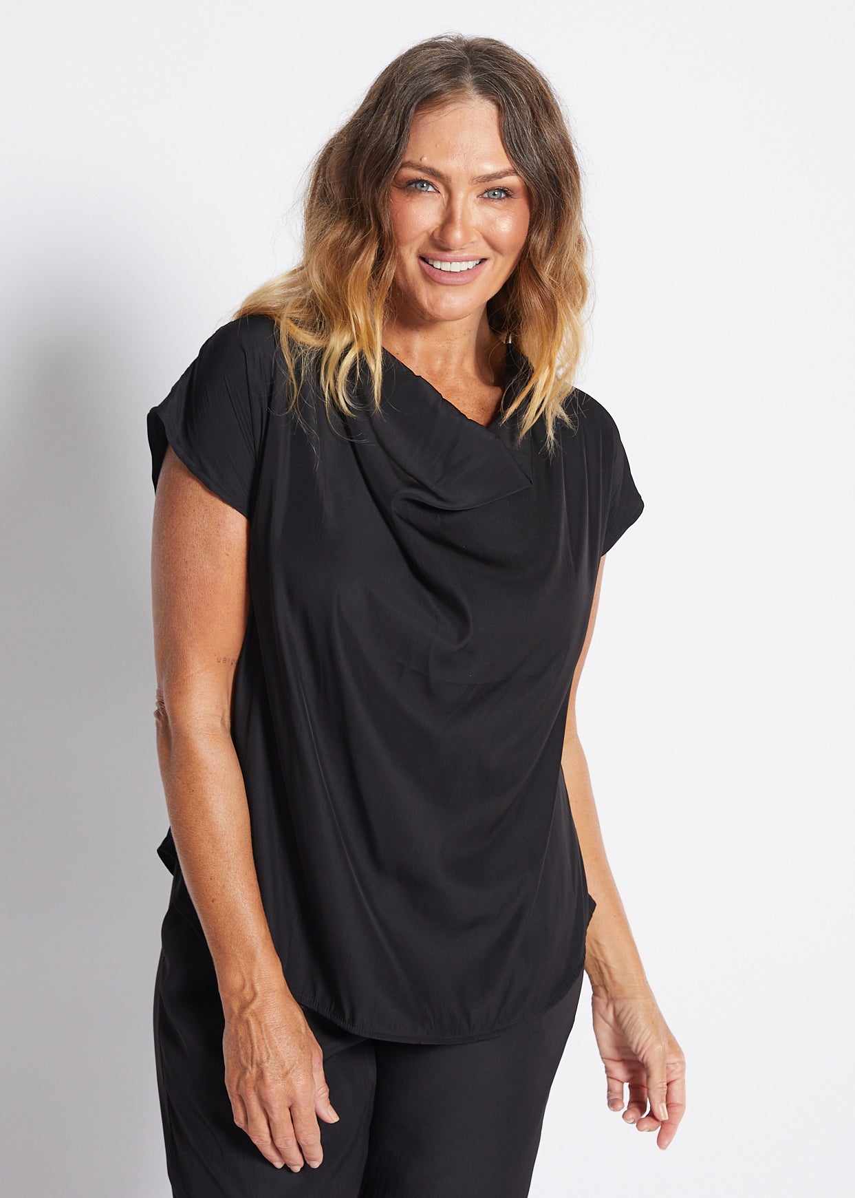 Janine Lustre technical cowl top in black