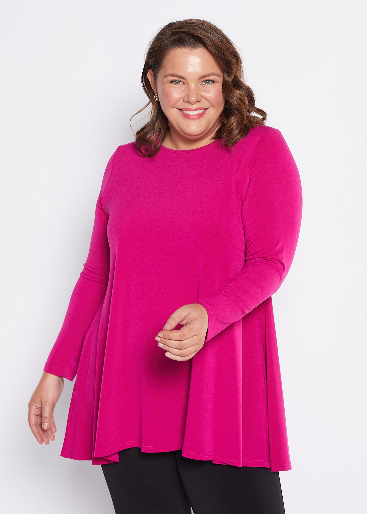 Long Sleeve Jersey Swing Tunic with Pockets in Fuchsia