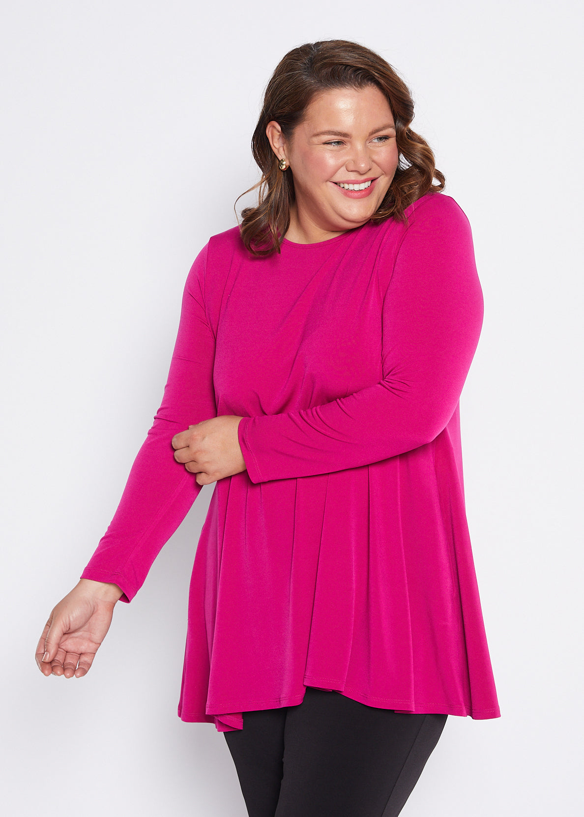 Long Sleeve Jersey Swing Tunic with Pockets in Fuchsia