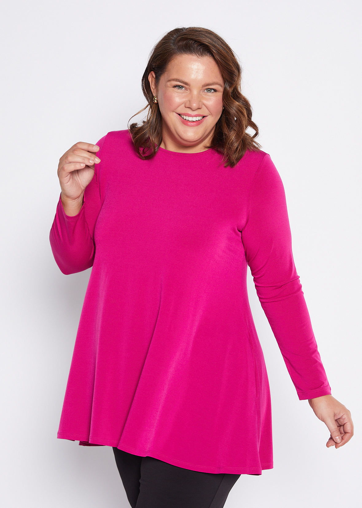 Long Sleeve Jersey Swing Tunic with Pockets in Fuchsia