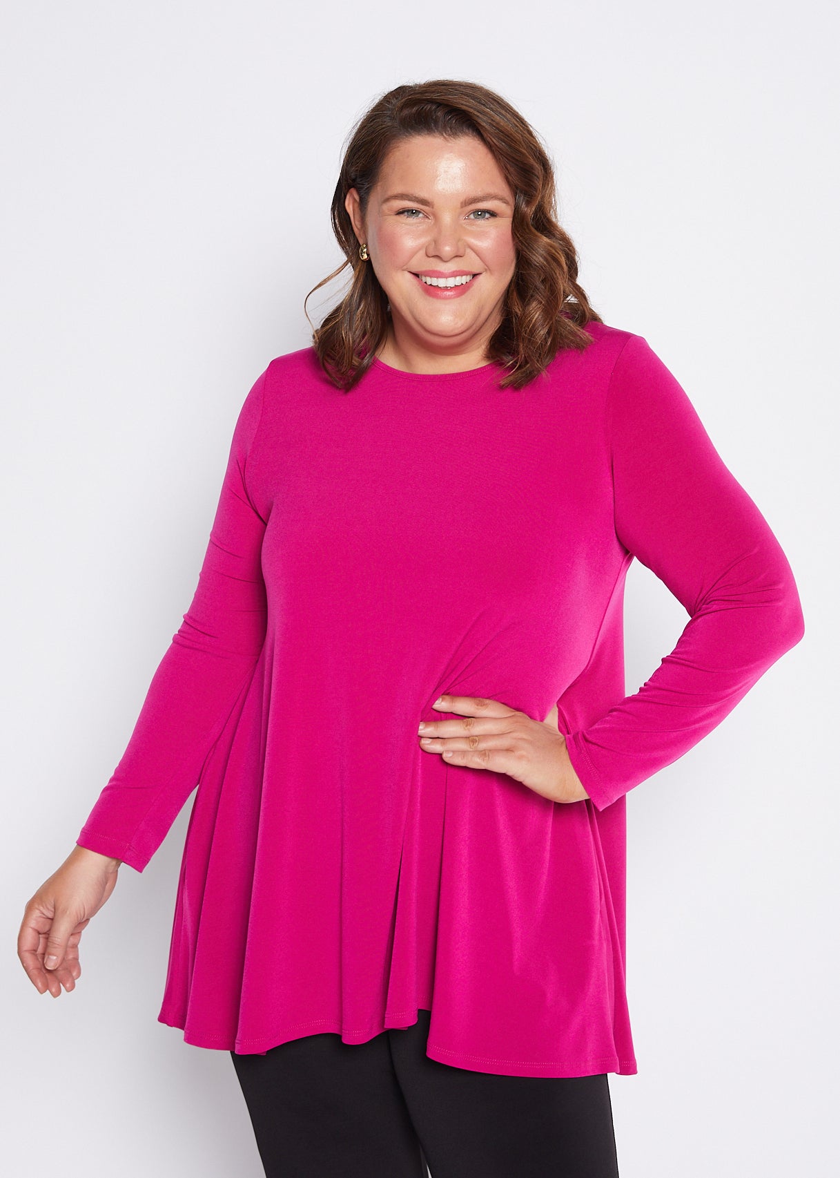 Long Sleeve Jersey Swing Tunic with Pockets in Fuchsia