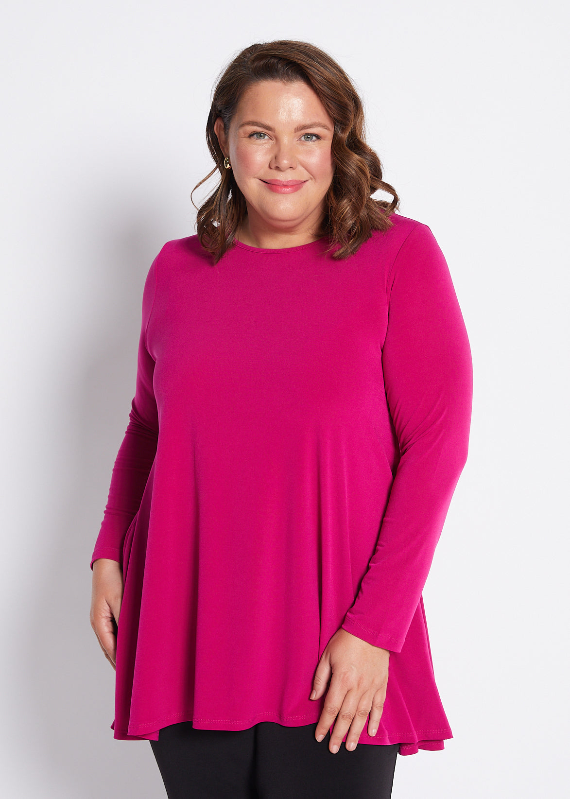 Long Sleeve Jersey Swing Tunic with Pockets in Fuchsia