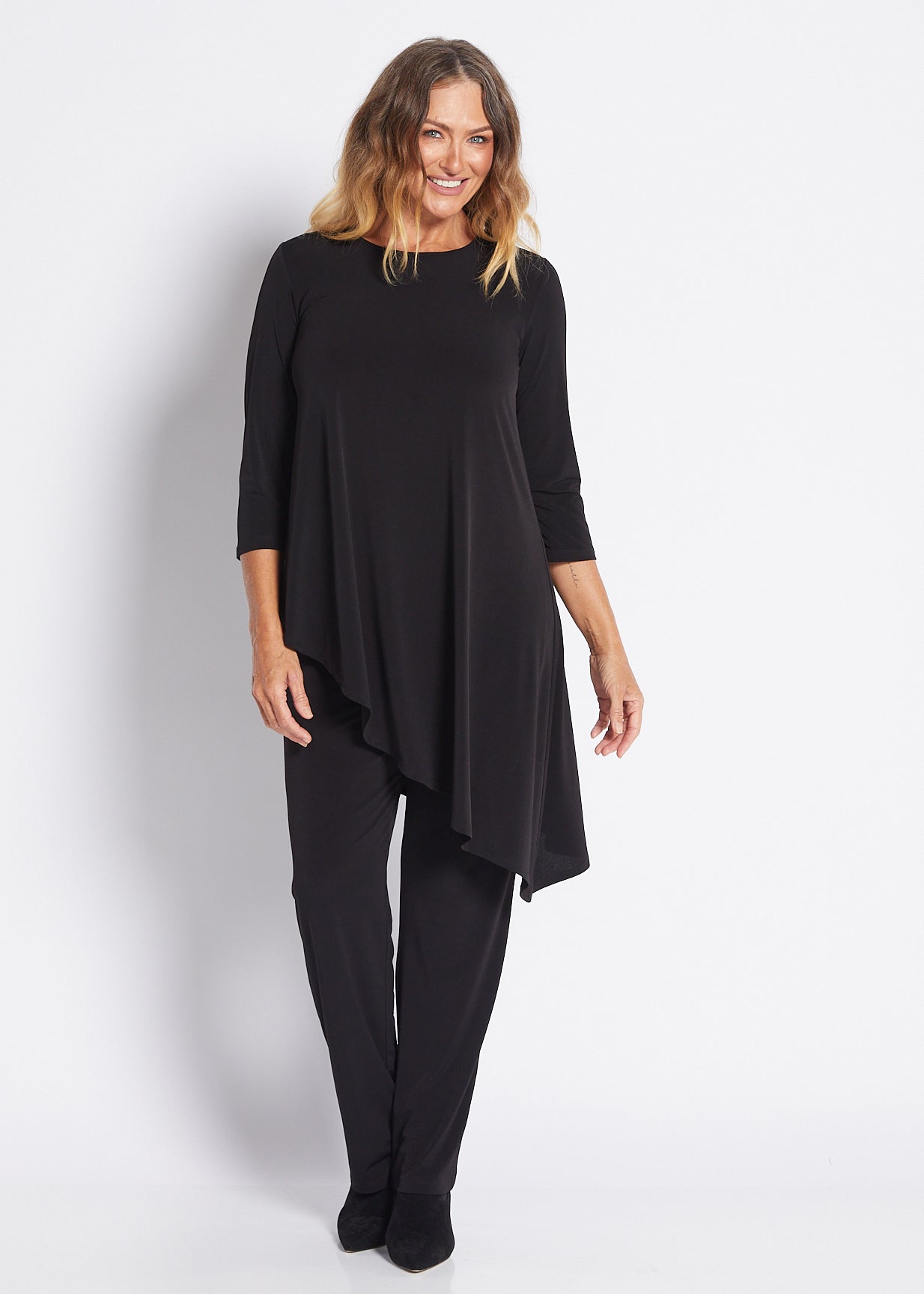 Jersey Asymmetric Long Line Top in Black