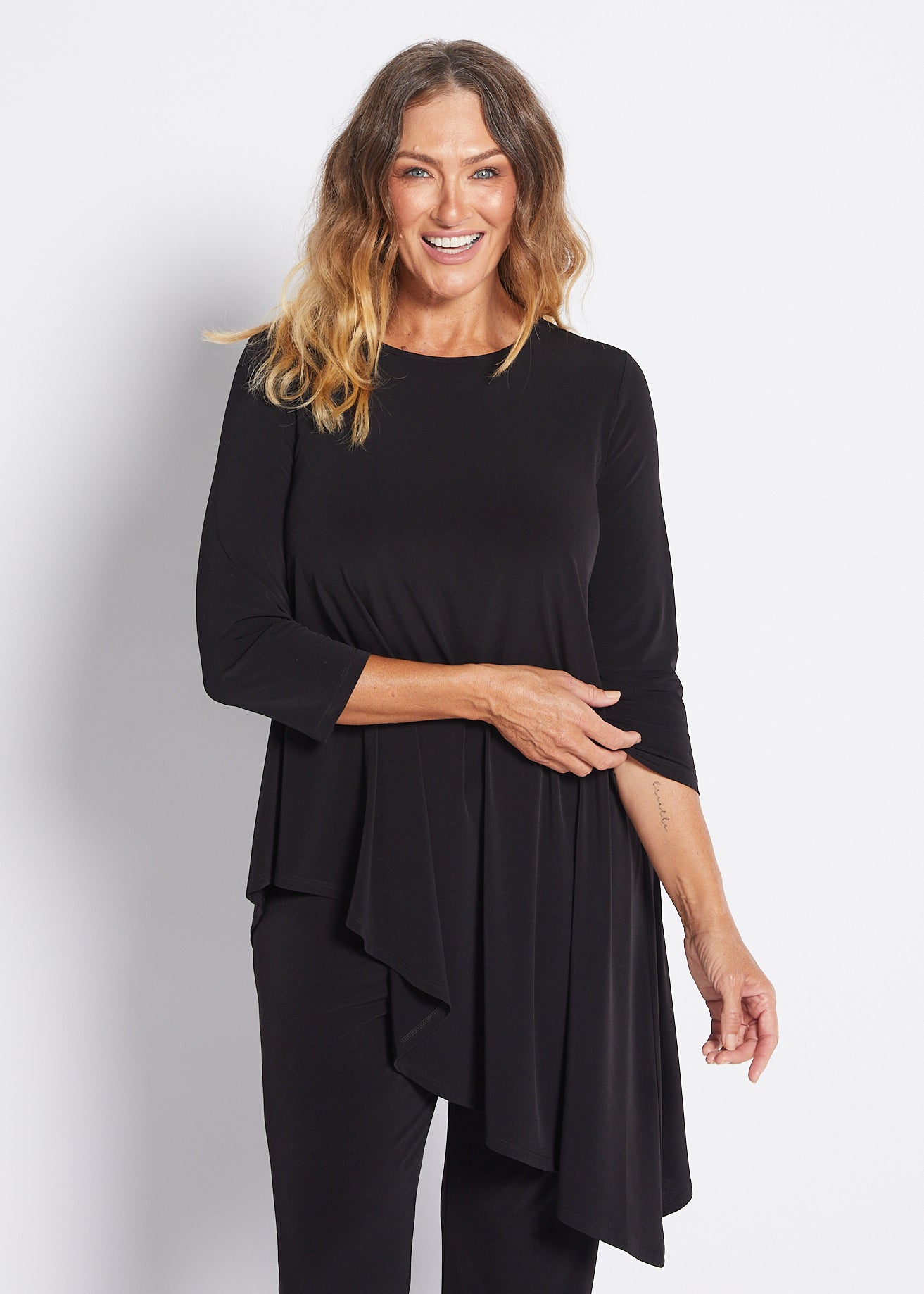 Jersey Asymmetric Long Line Top in Black