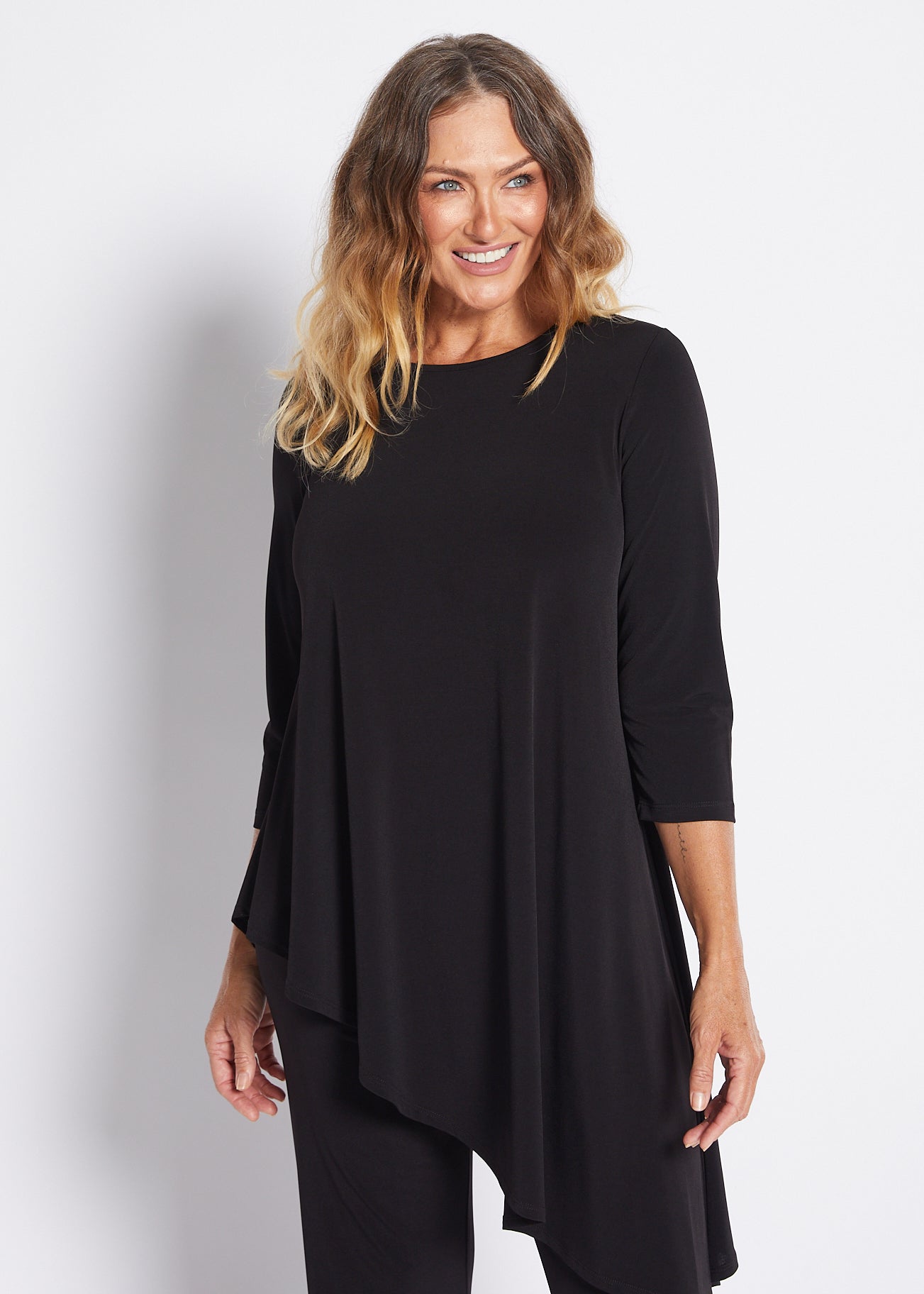 Jersey Asymmetric Long Line Top in Black