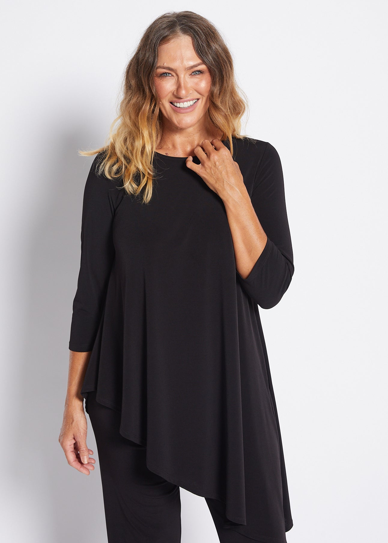 Jersey Asymmetric Long Line Top in Black