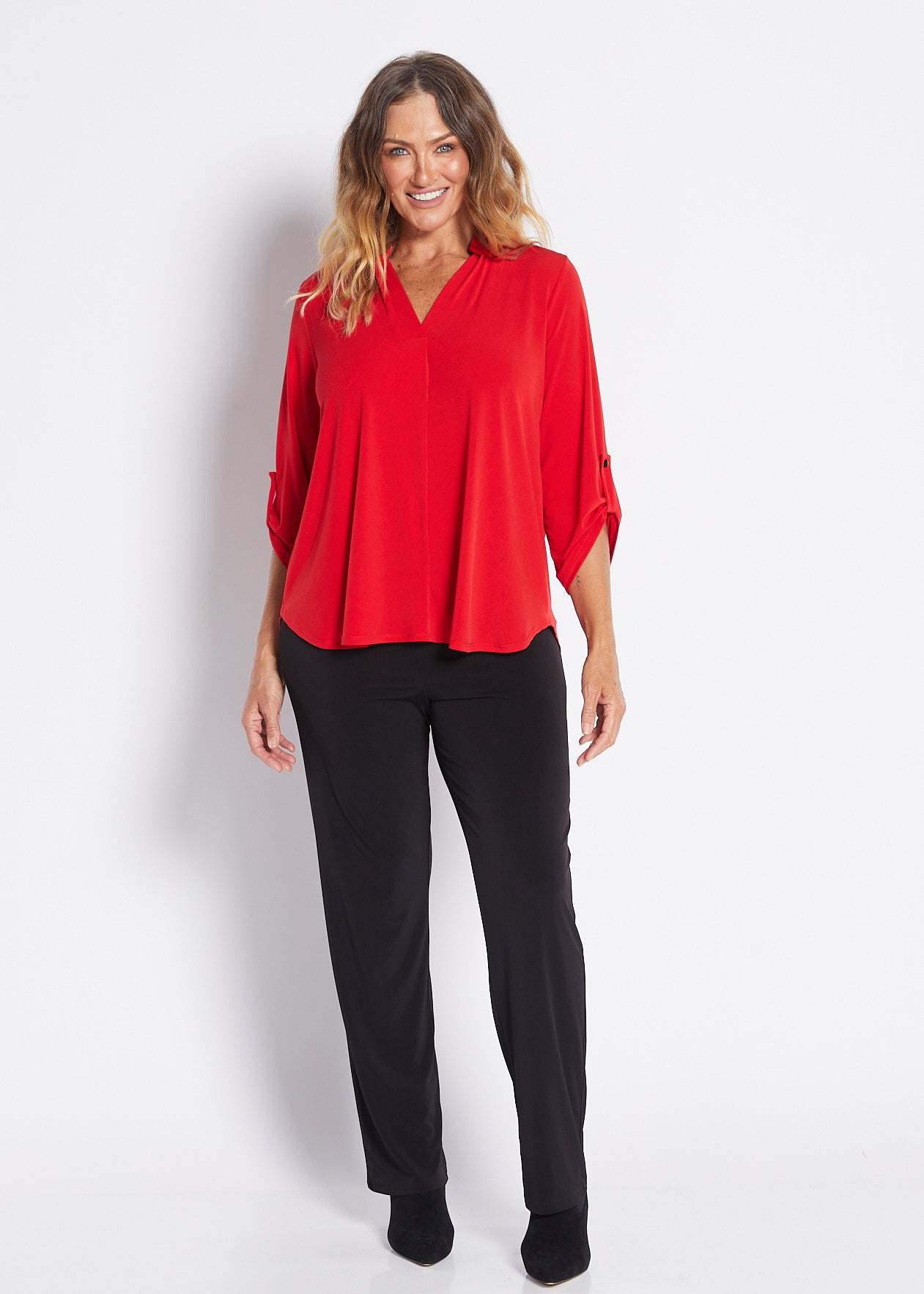 Jersey Nehru Collar V Neck Tabbed Sleeve Blouse in Red