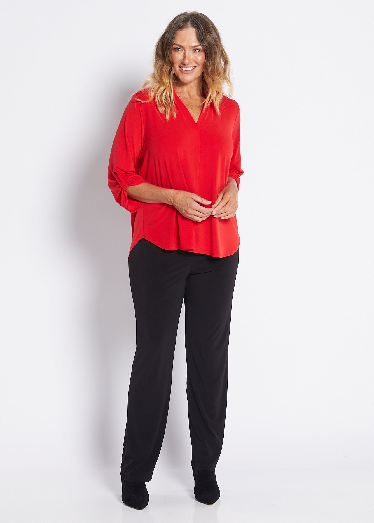 Jersey Nehru Collar V Neck Tabbed Sleeve Blouse in Red