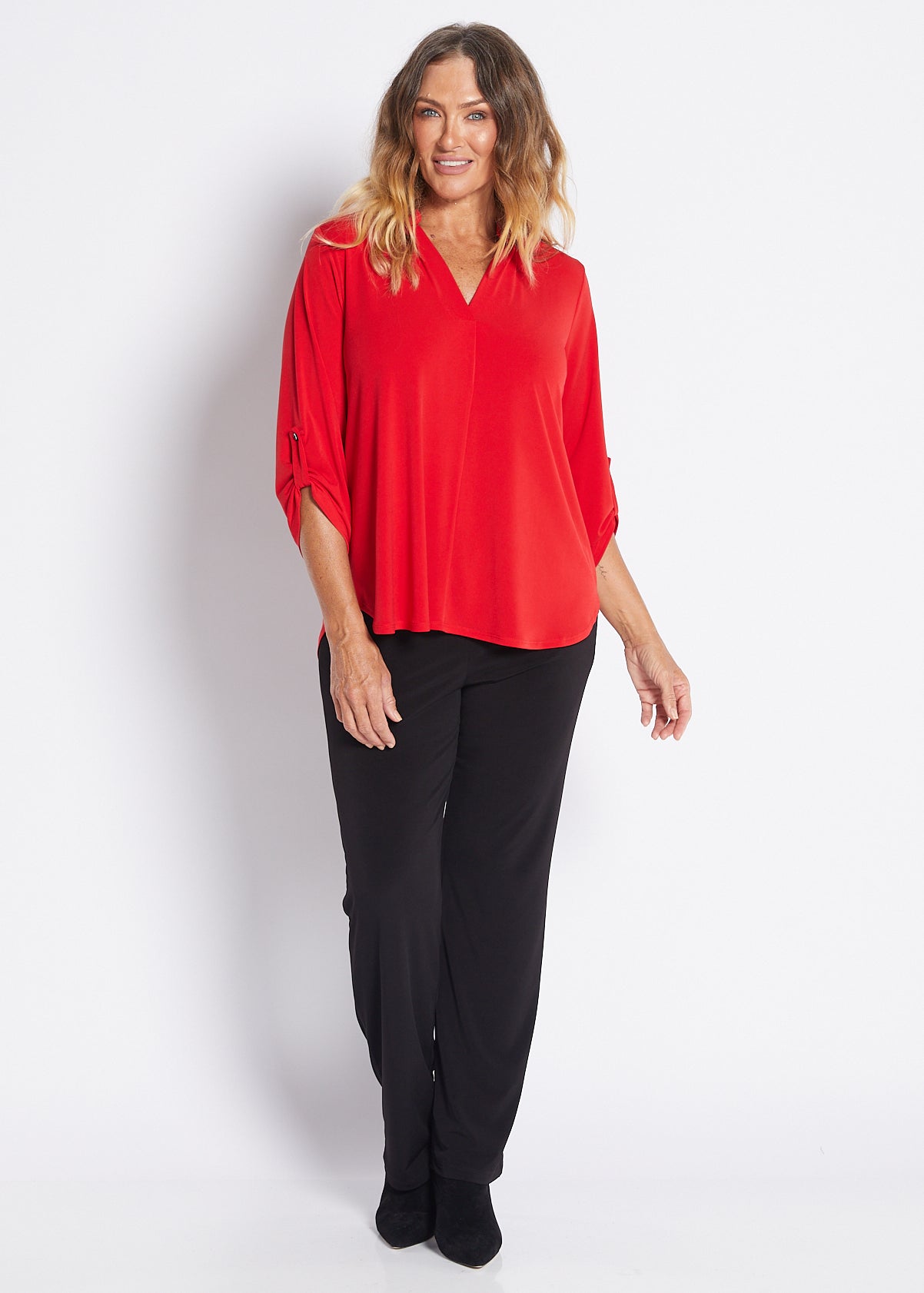 Jersey Nehru Collar V Neck Tabbed Sleeve Blouse in Red
