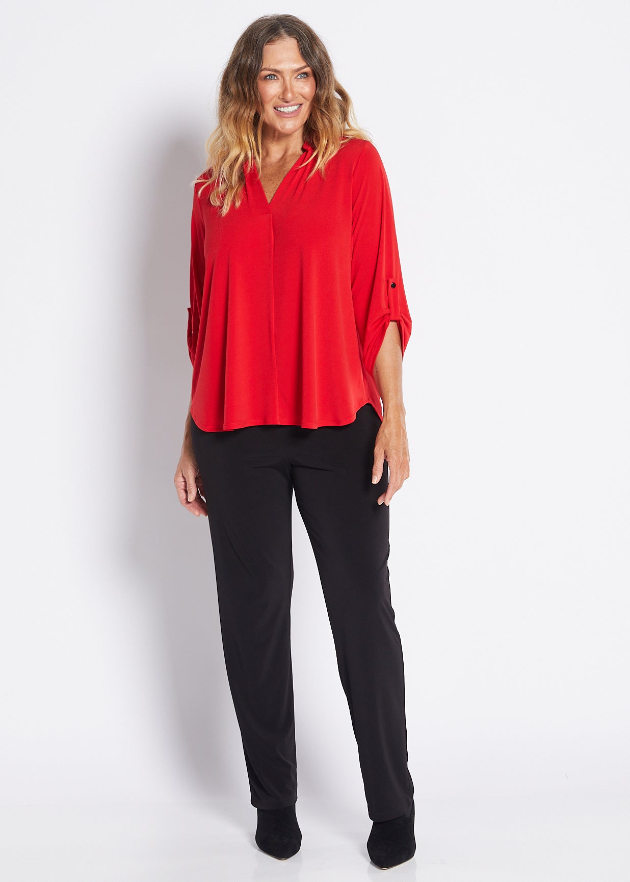 Jersey Nehru Collar V Neck Tabbed Sleeve Blouse in Red
