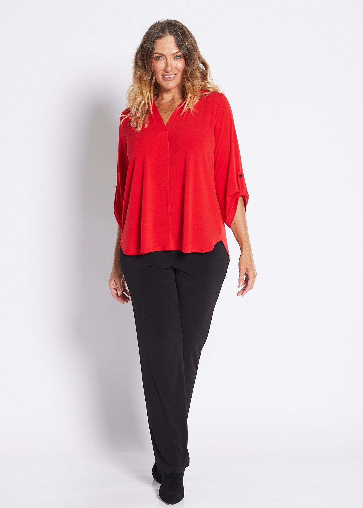 Jersey Nehru Collar V Neck Tabbed Sleeve Blouse in Red