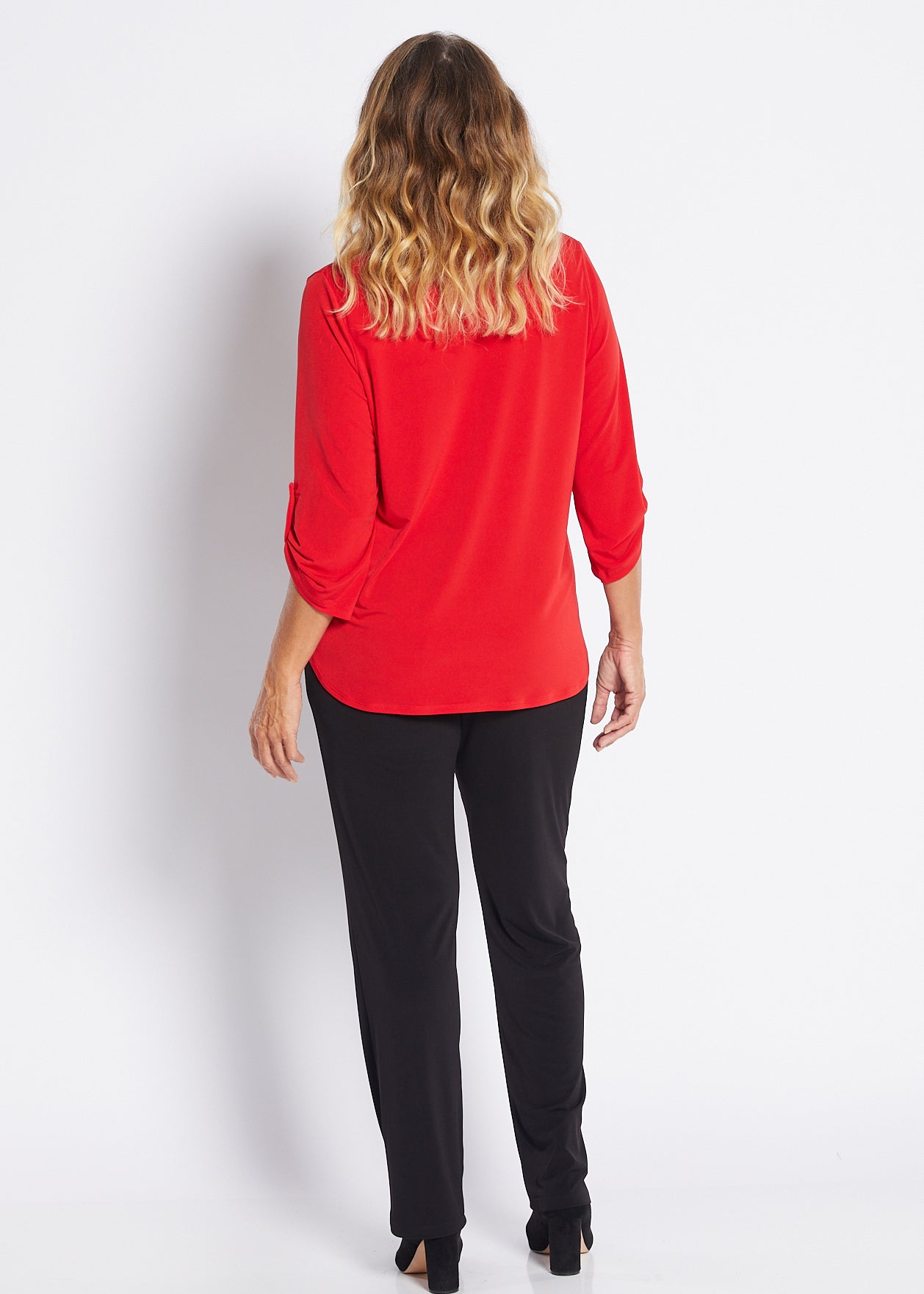 Jersey Nehru Collar V Neck Tabbed Sleeve Blouse in Red