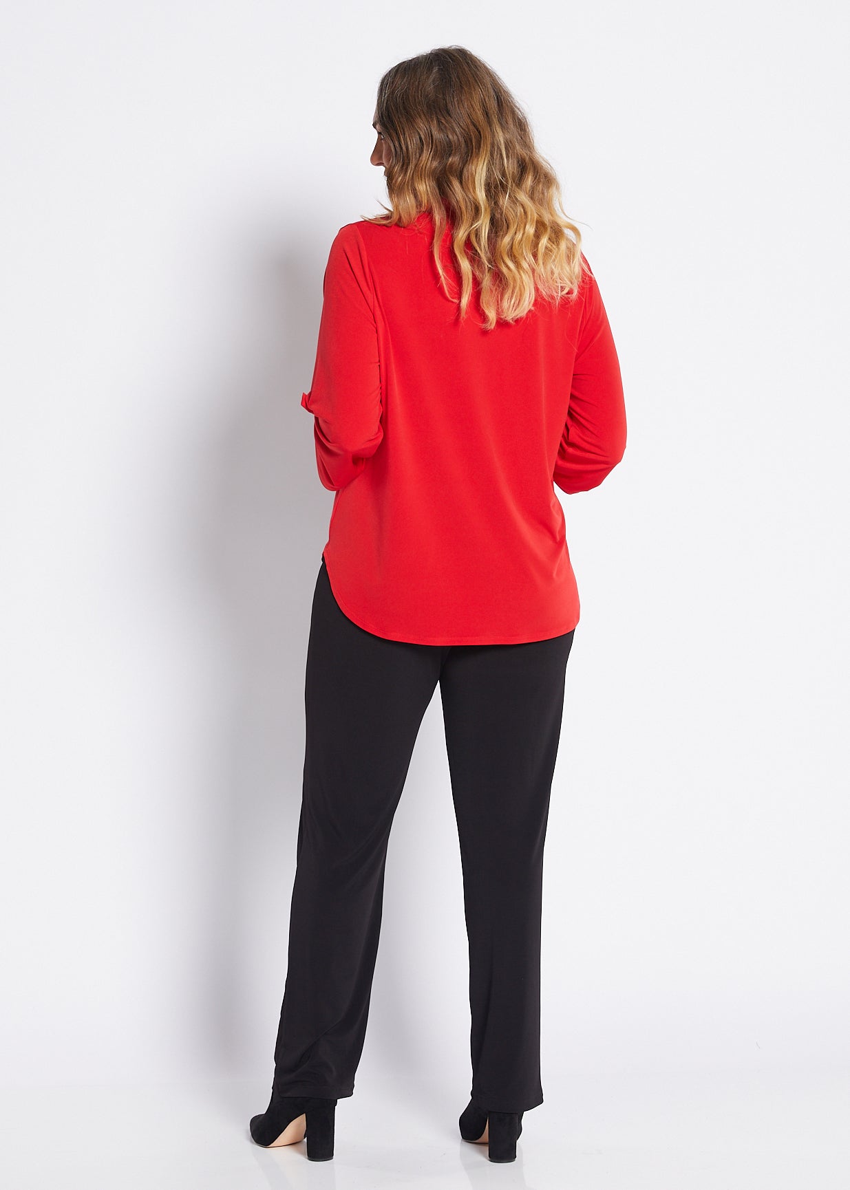 Jersey Nehru Collar V Neck Tabbed Sleeve Blouse in Red