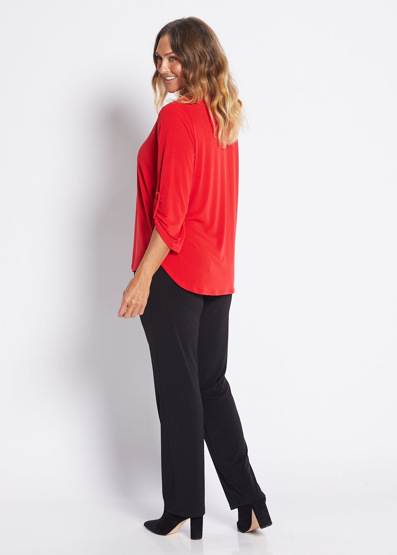 Jersey Nehru Collar V Neck Tabbed Sleeve Blouse in Red