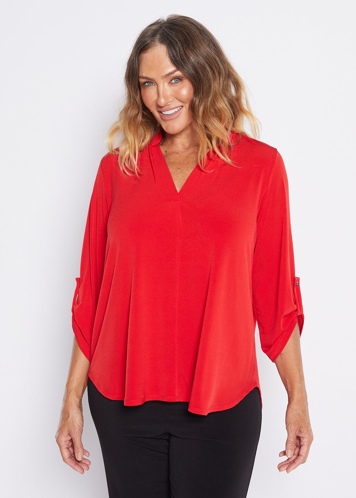 Jersey Nehru Collar V Neck Tabbed Sleeve Blouse in Red
