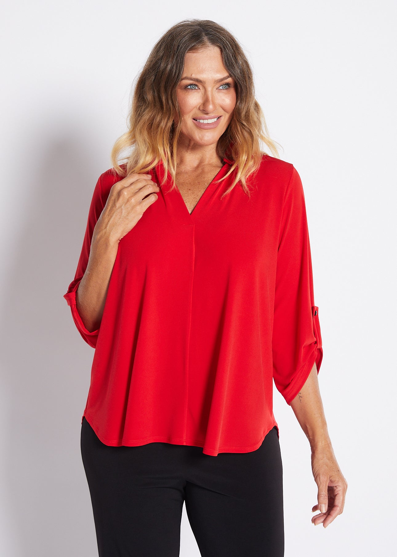 Jersey Nehru Collar V Neck Tabbed Sleeve Blouse in Red