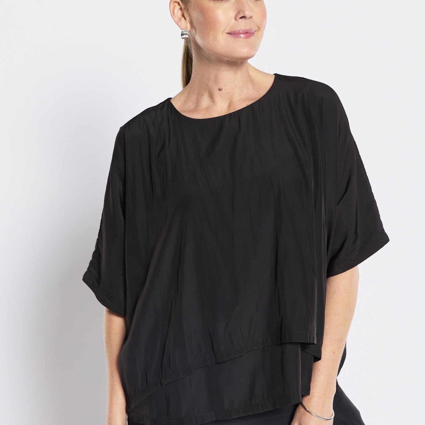 Keya Lustre technical layered top in black, slow fashion made in Australia by Philosophy Australia