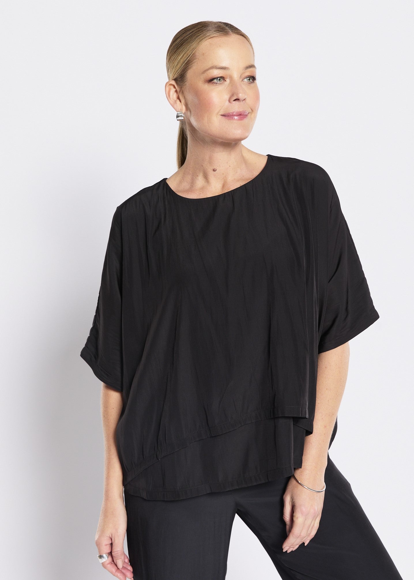 Keya Lustre technical layered top in black, slow fashion made in Australia by Philosophy Australia