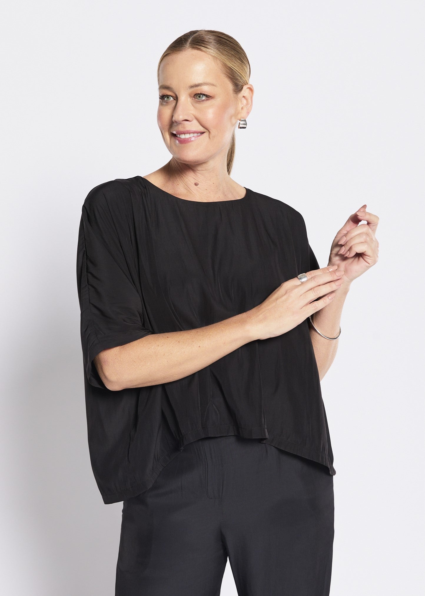Keya Lustre technical layered top in black, slow fashion made in Australia by Philosophy Australia