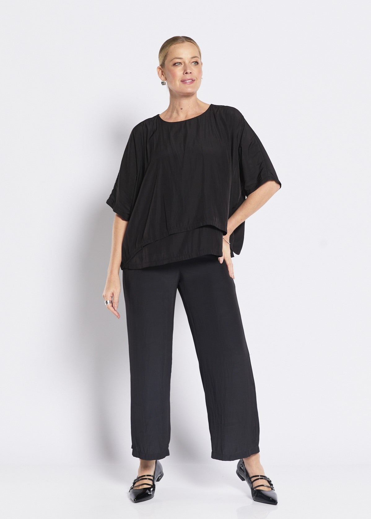 Keya Lustre technical layered top in black, slow fashion made in Australia by Philosophy Australia