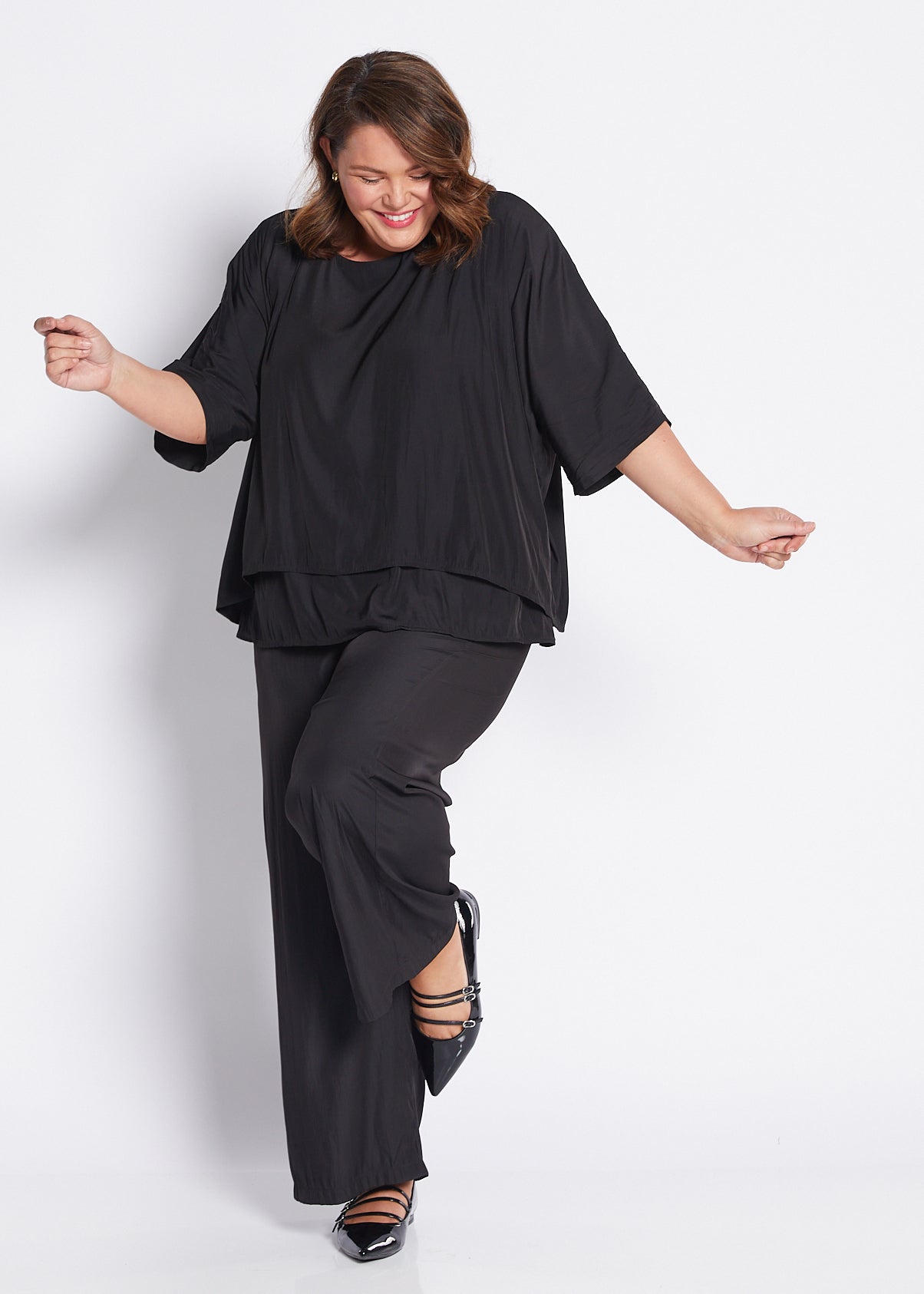 Silky Technical Layered Short Sleeve Top in Black
