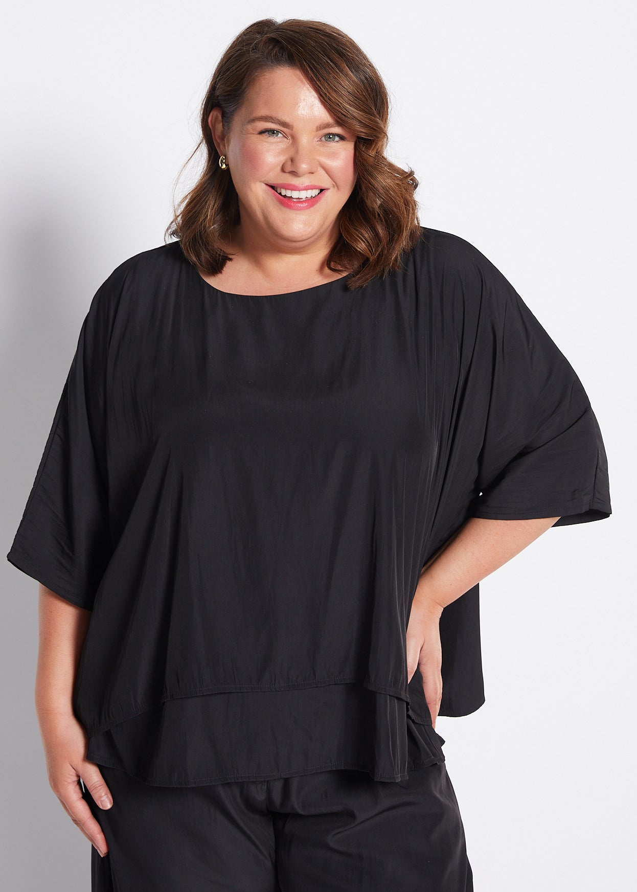 Silky Technical Layered Short Sleeve Top in Black