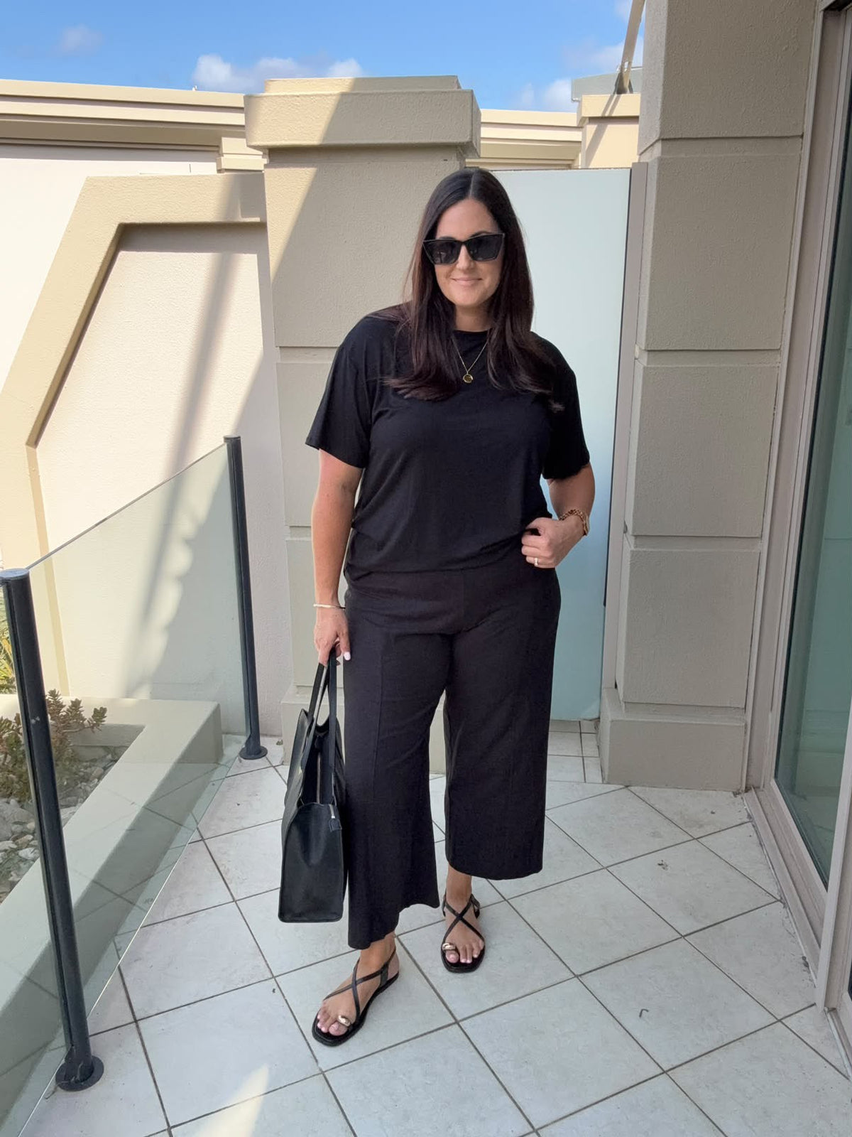Linen Stretch Wide Leg Crop Pant in Black