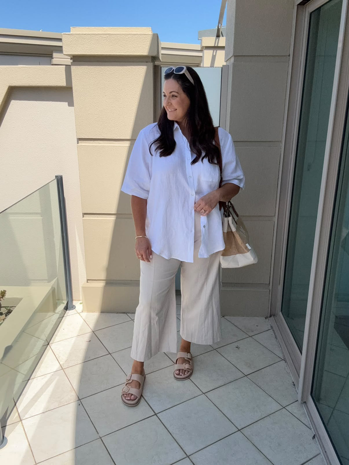 Linen Stretch Wide Leg Crop Pant in Neutral Stone