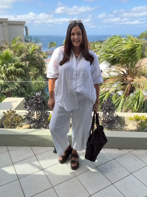 Linen Stretch Wide Leg Crop Pant in White