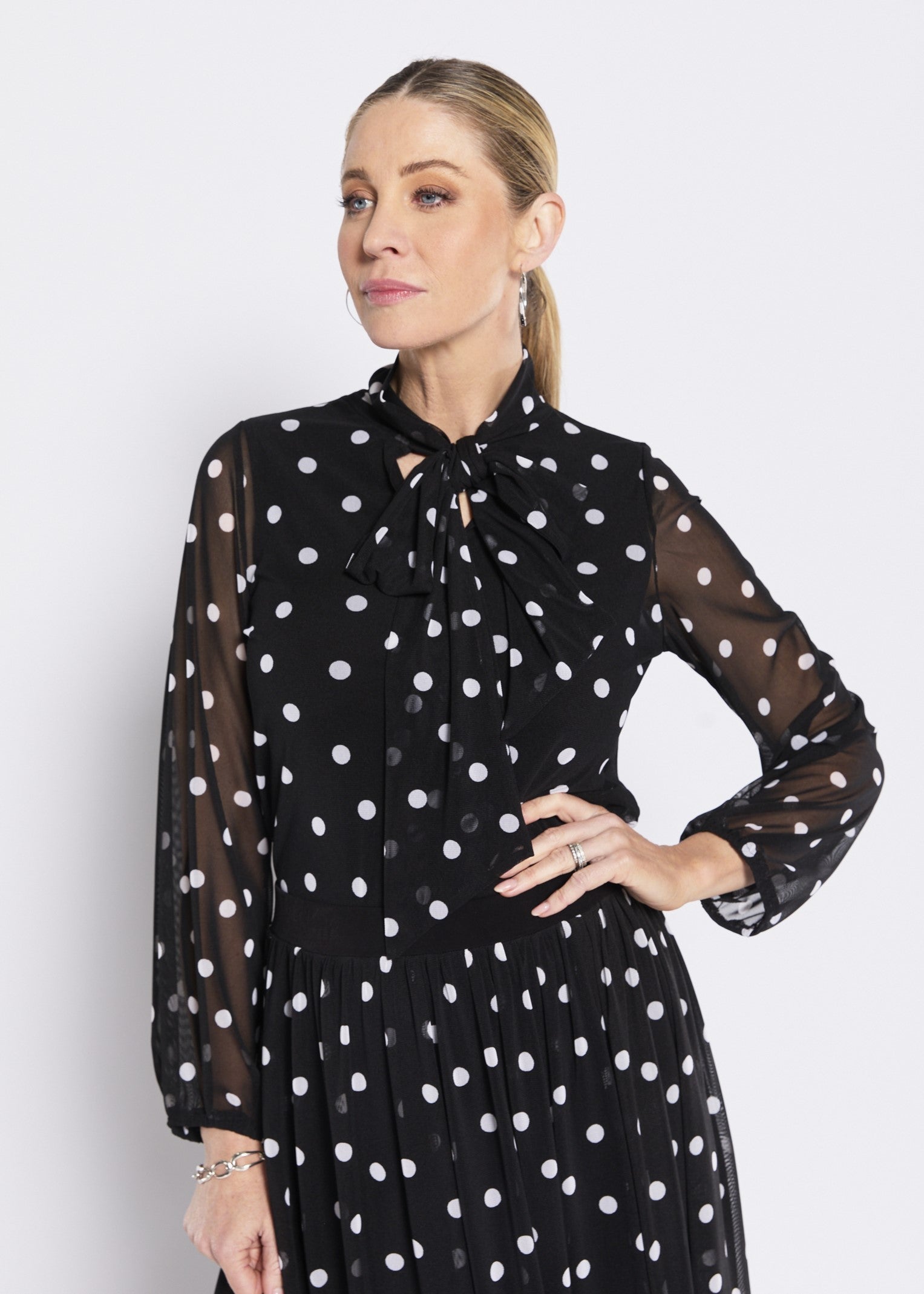 Mesh Jersey Tie Neck Top in Polkadot