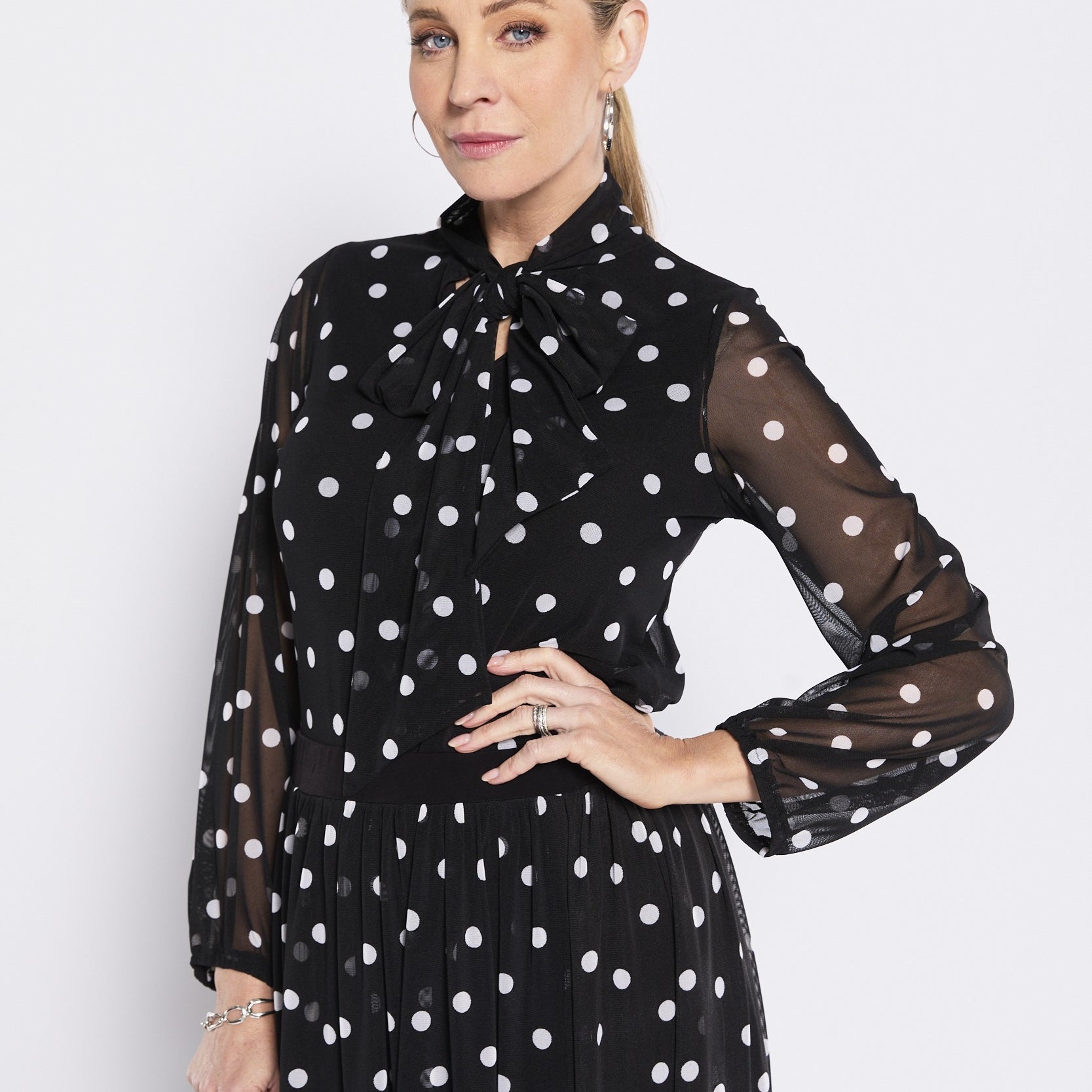 Mesh Jersey Tie Neck Top in Polkadot
