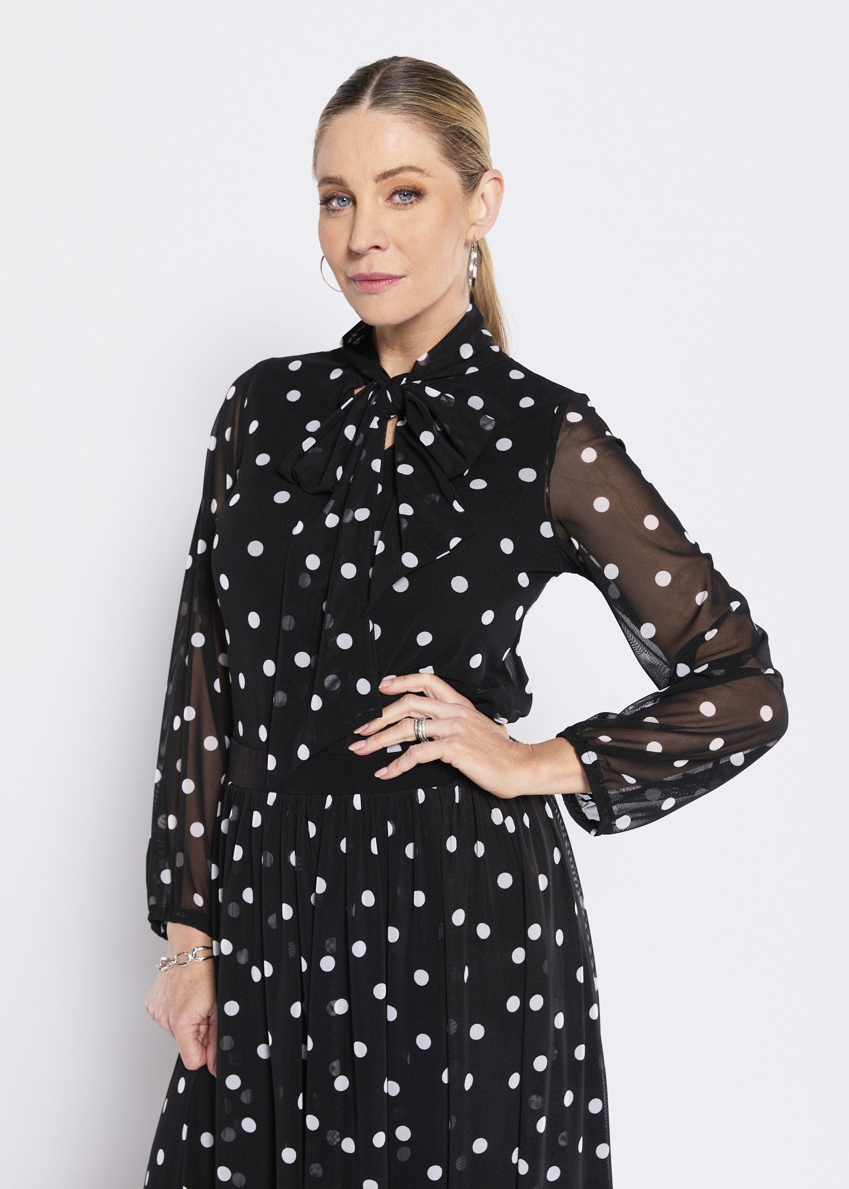 Mesh Jersey Tie Neck Top in Polkadot