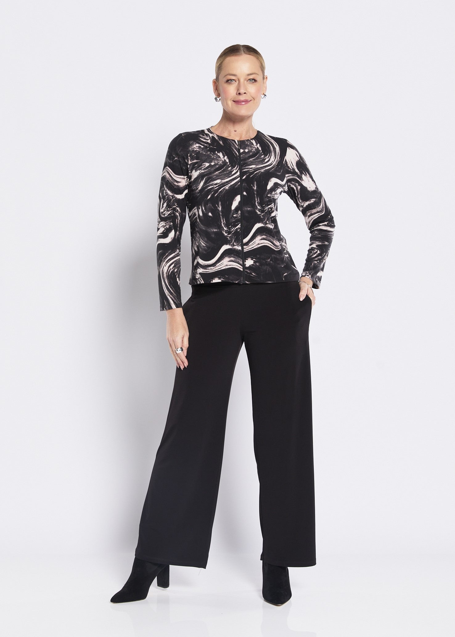 Brushed Jersey Zip Top in Black White Pink Print