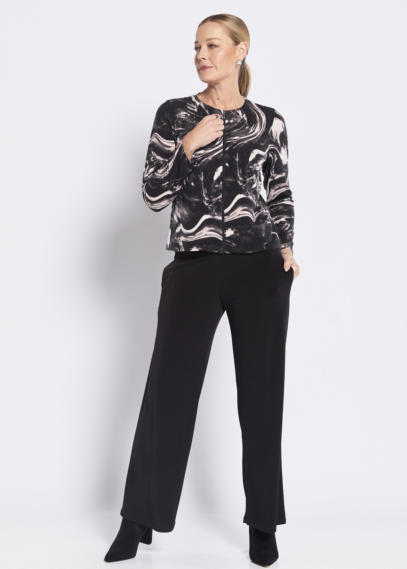 Brushed Jersey Zip Top in Black White Pink Print