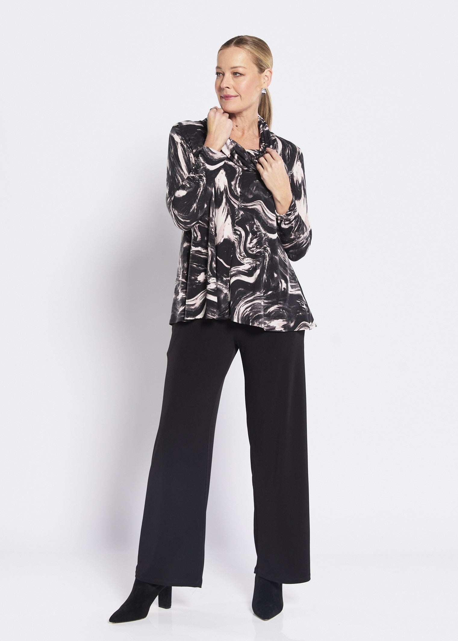 Brushed Jersey Cowl Swing Tunic in Black White Pink print