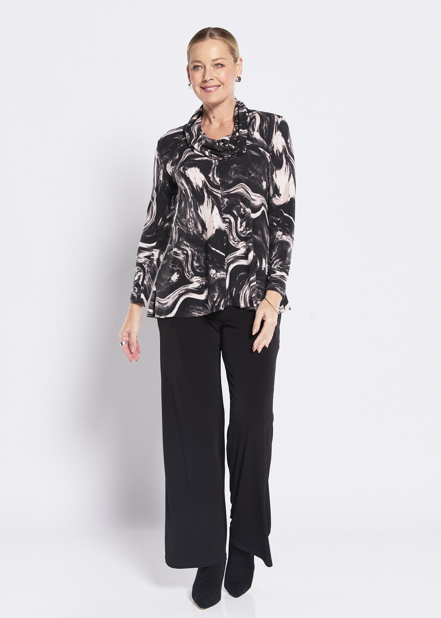 Brushed Jersey Cowl Swing Tunic in Black White Pink print
