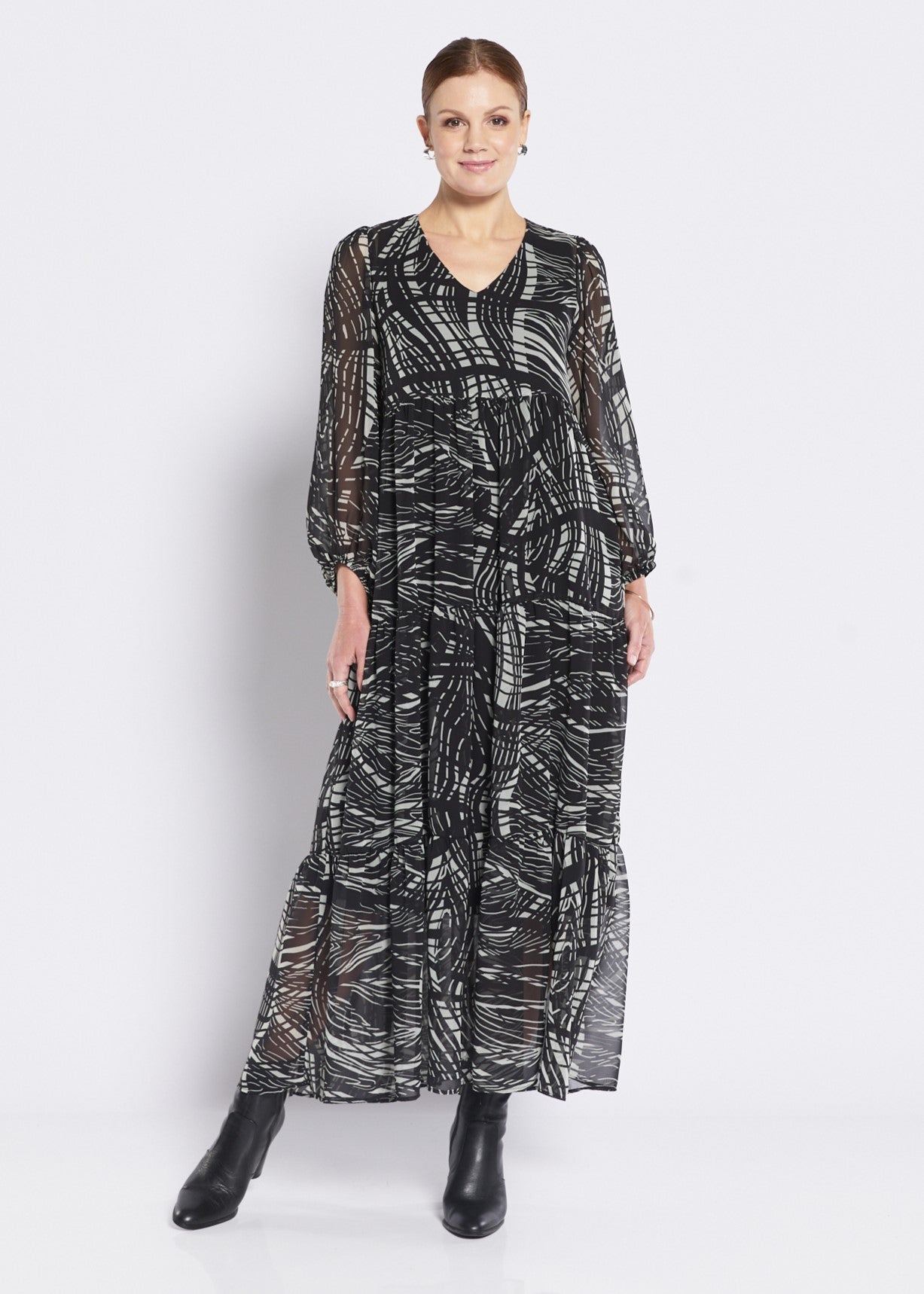 Chiffon Billow Maxi Dress in Green Black Print