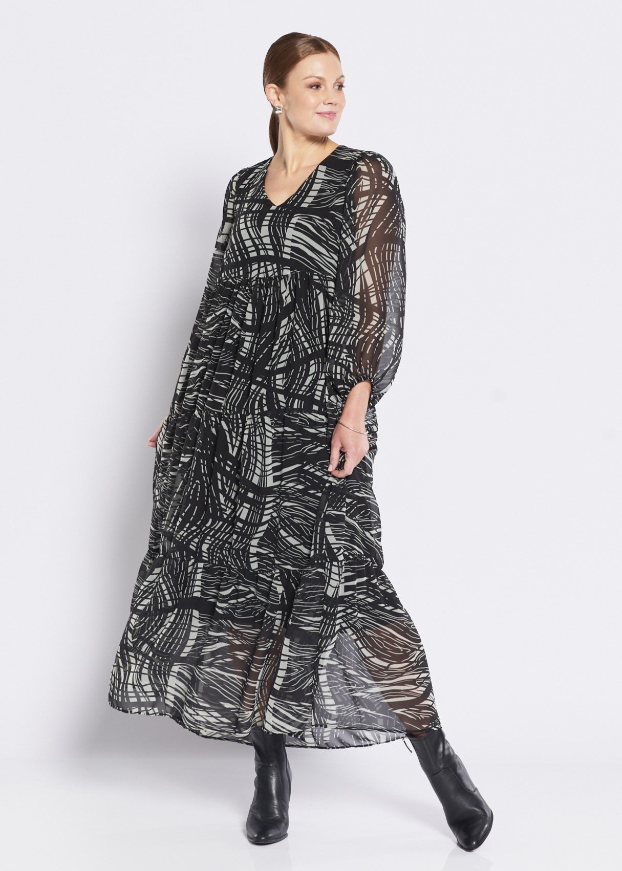 Chiffon Billow Maxi Dress in Green Black Print