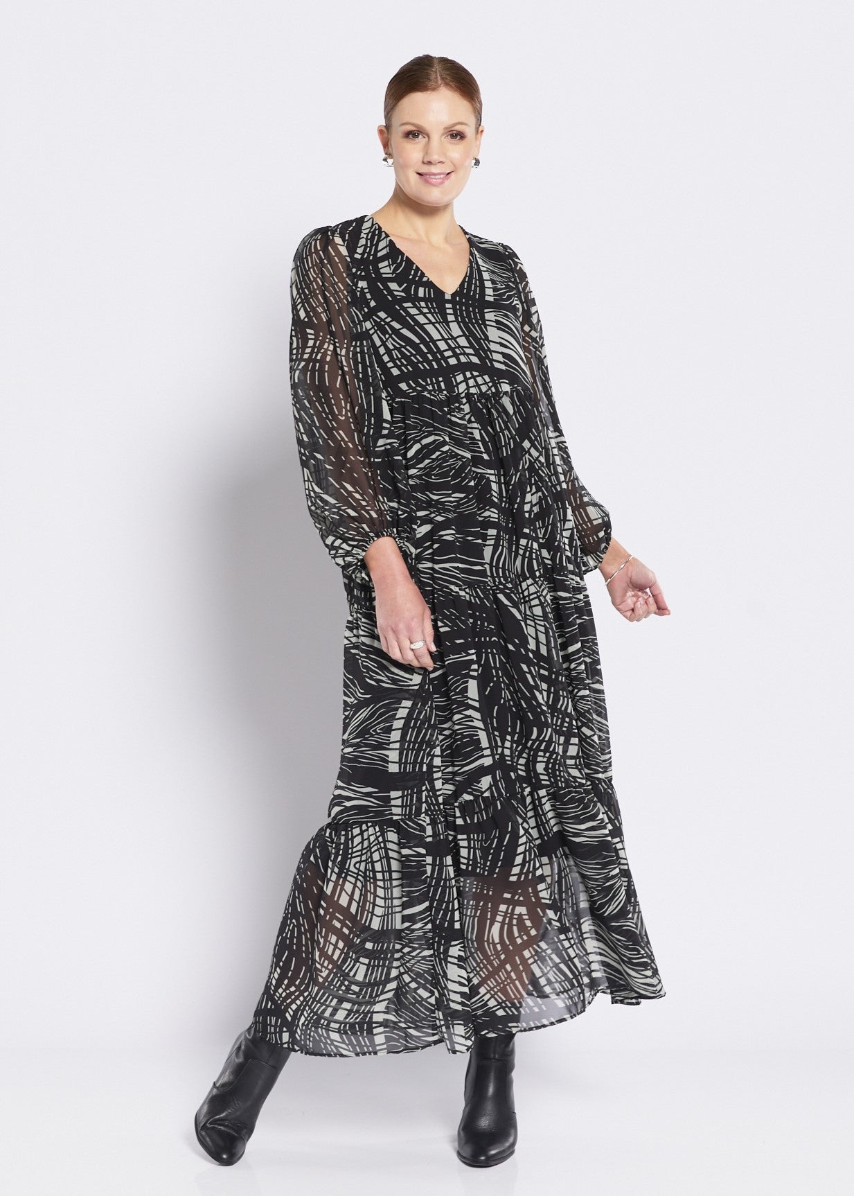 Chiffon Billow Maxi Dress in Green Black Print