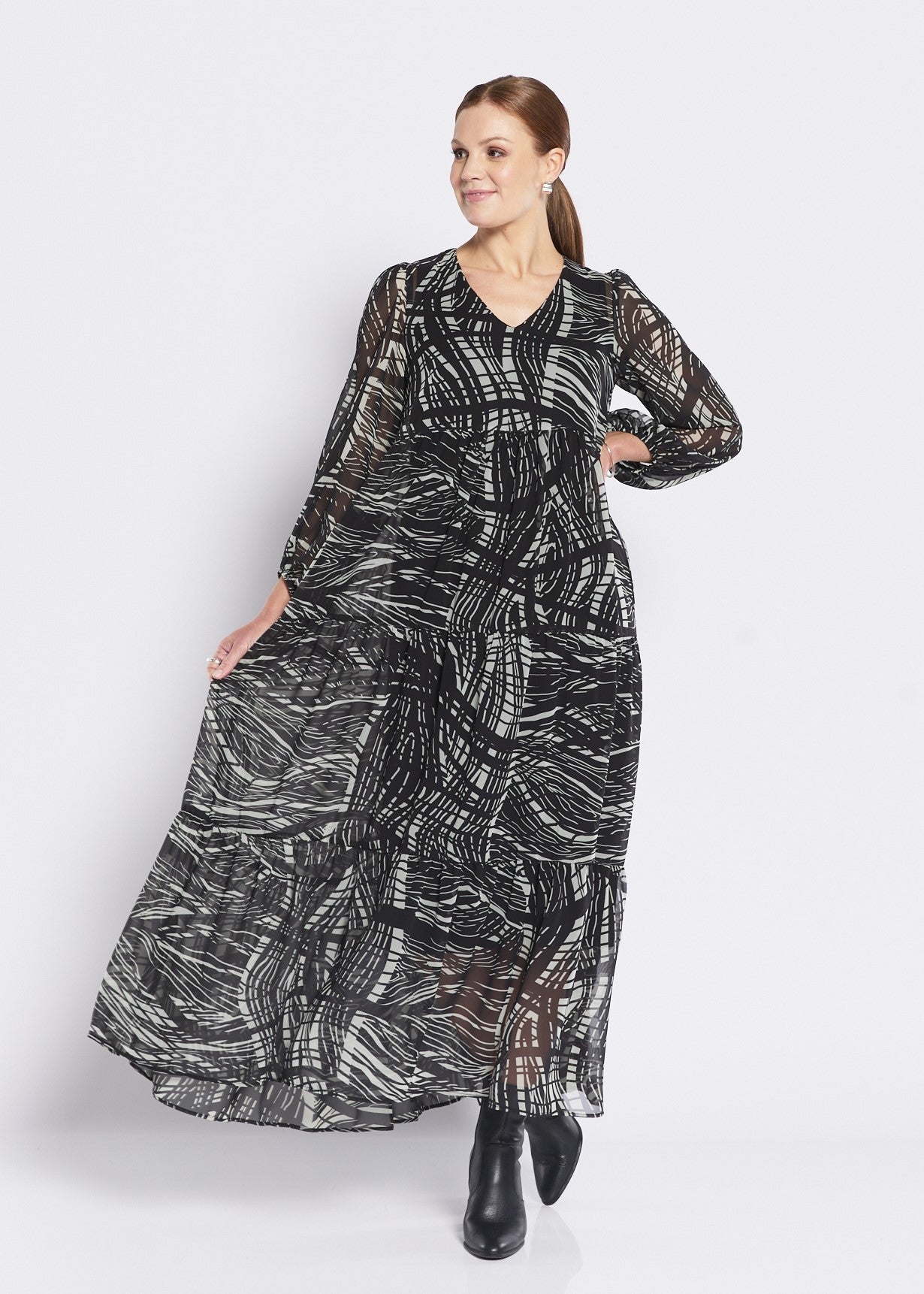 Chiffon Billow Maxi Dress in Green Black Print
