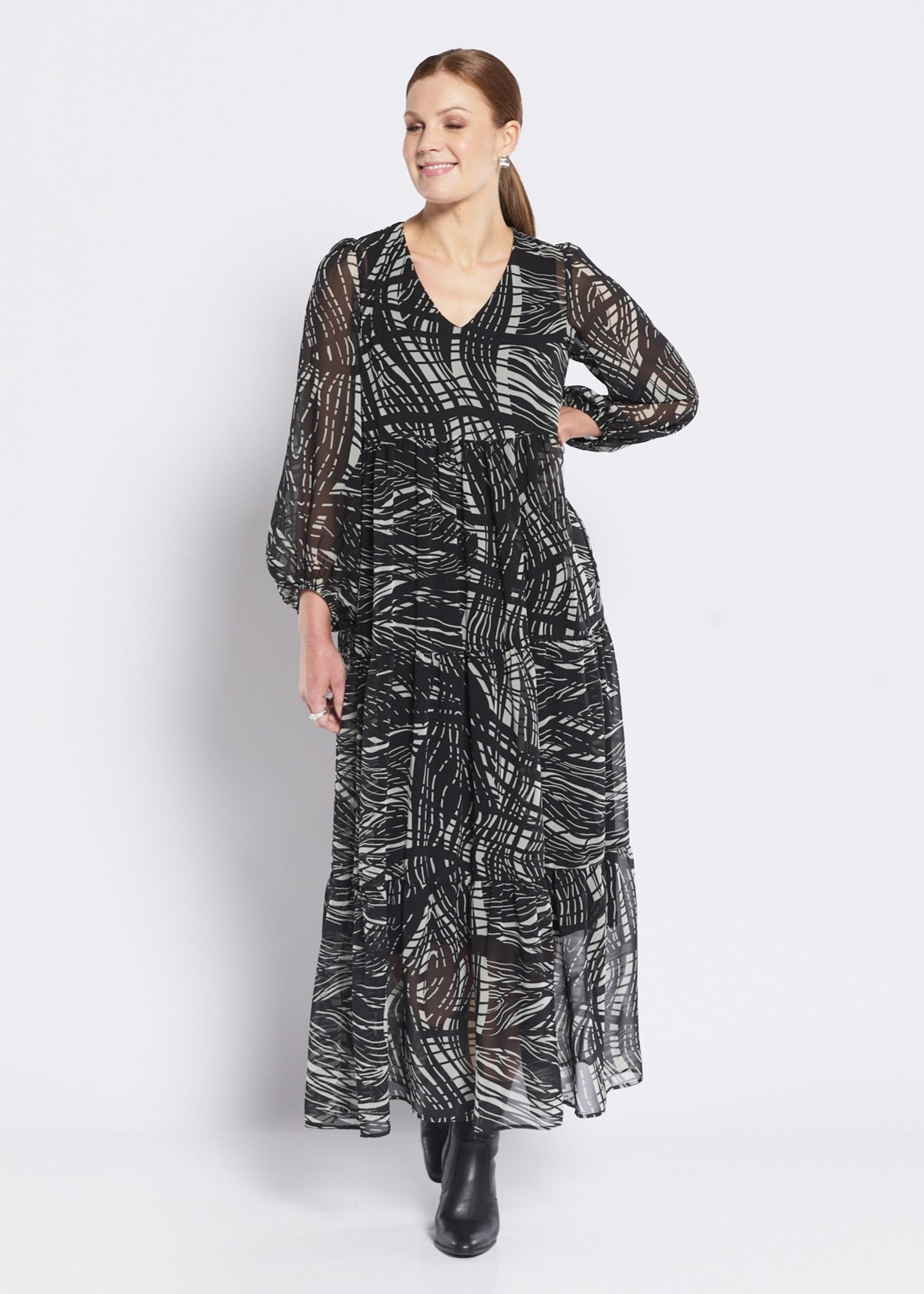 Chiffon Billow Maxi Dress in Green Black Print