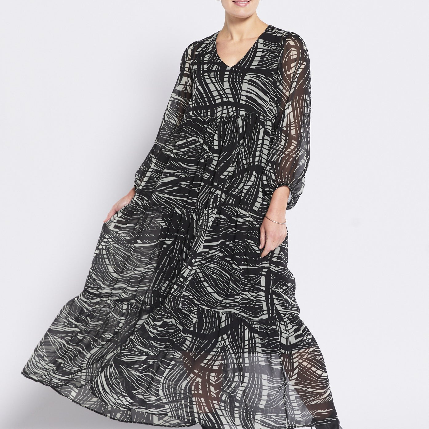 Chiffon Billow Maxi Dress in Green Black Print
