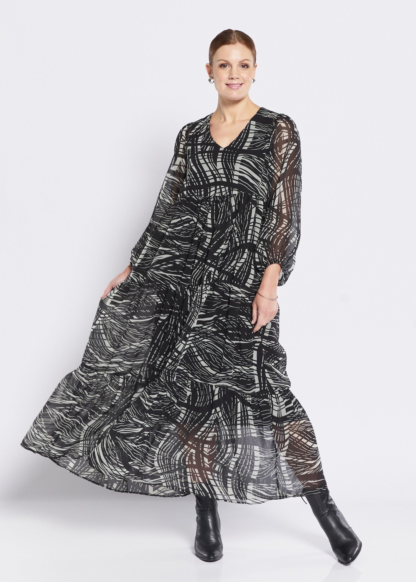 Chiffon Billow Maxi Dress in Green Black Print – Philosophy Australia