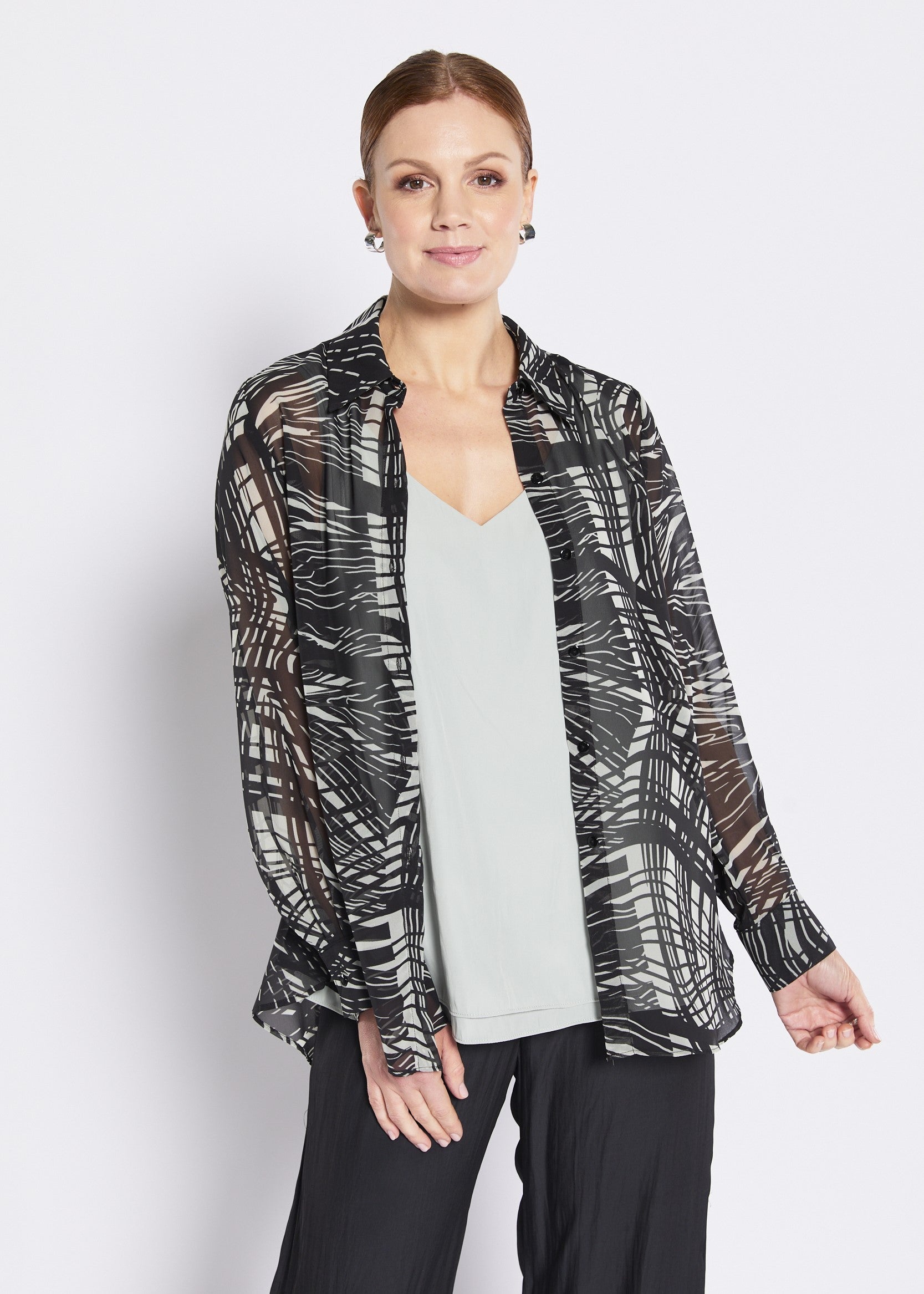 Chiffon Collared Shirt in Green Black Print