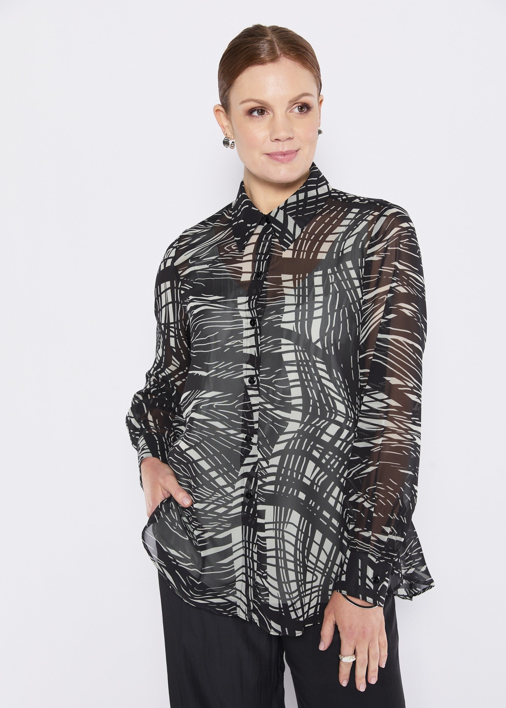 Chiffon Collared Shirt in Green Black Print