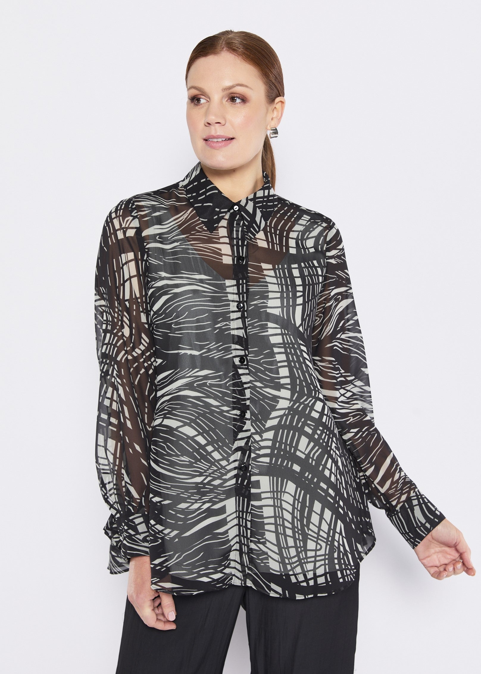 Chiffon Collared Shirt in Green Black Print