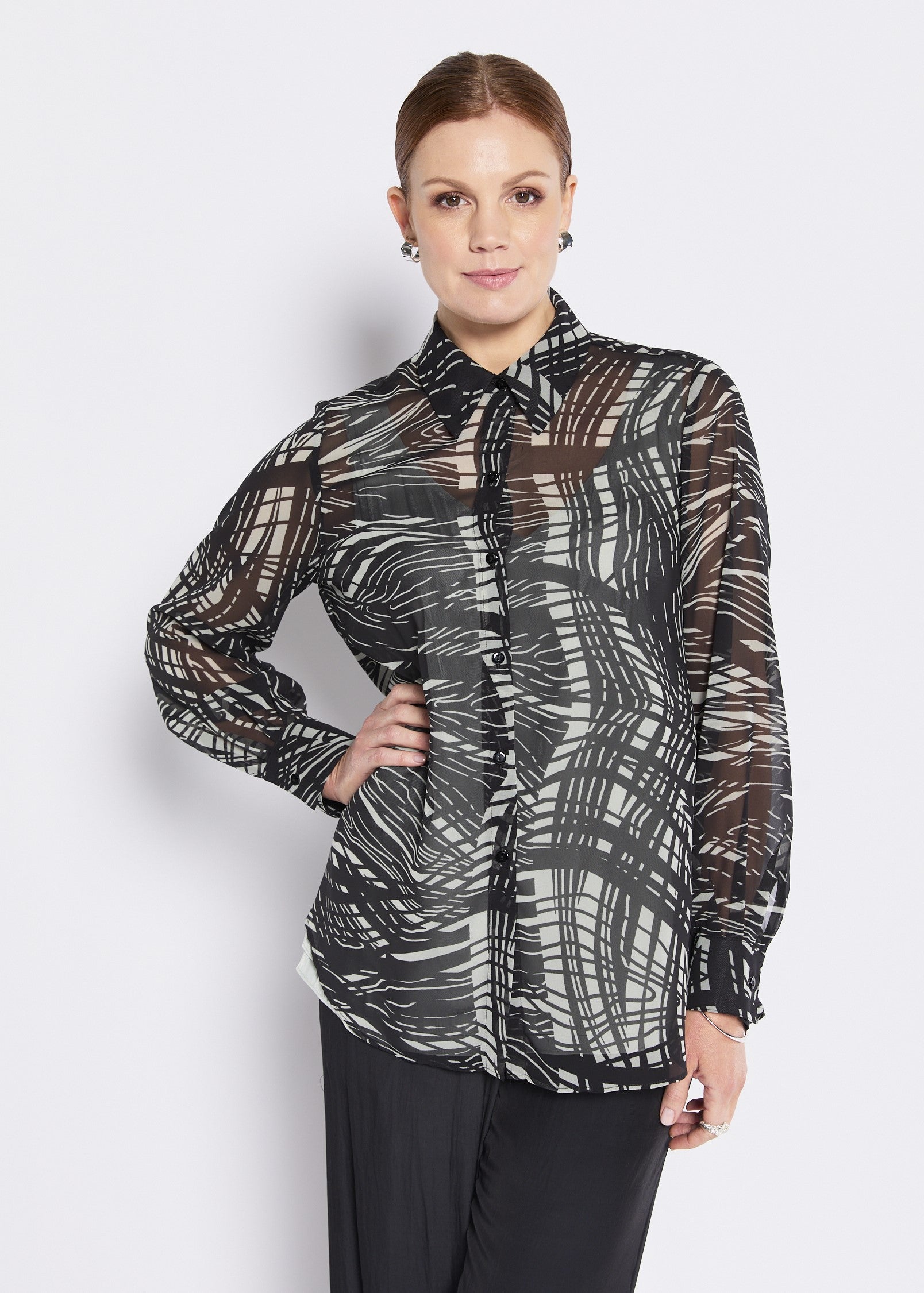 Chiffon Collared Shirt in Green Black Print