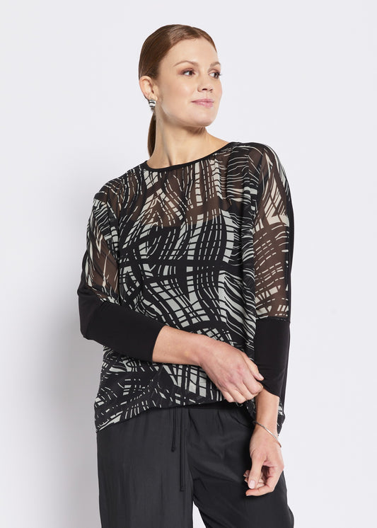 Chiffon and Jersey Spliced Blouse in Green Black Print