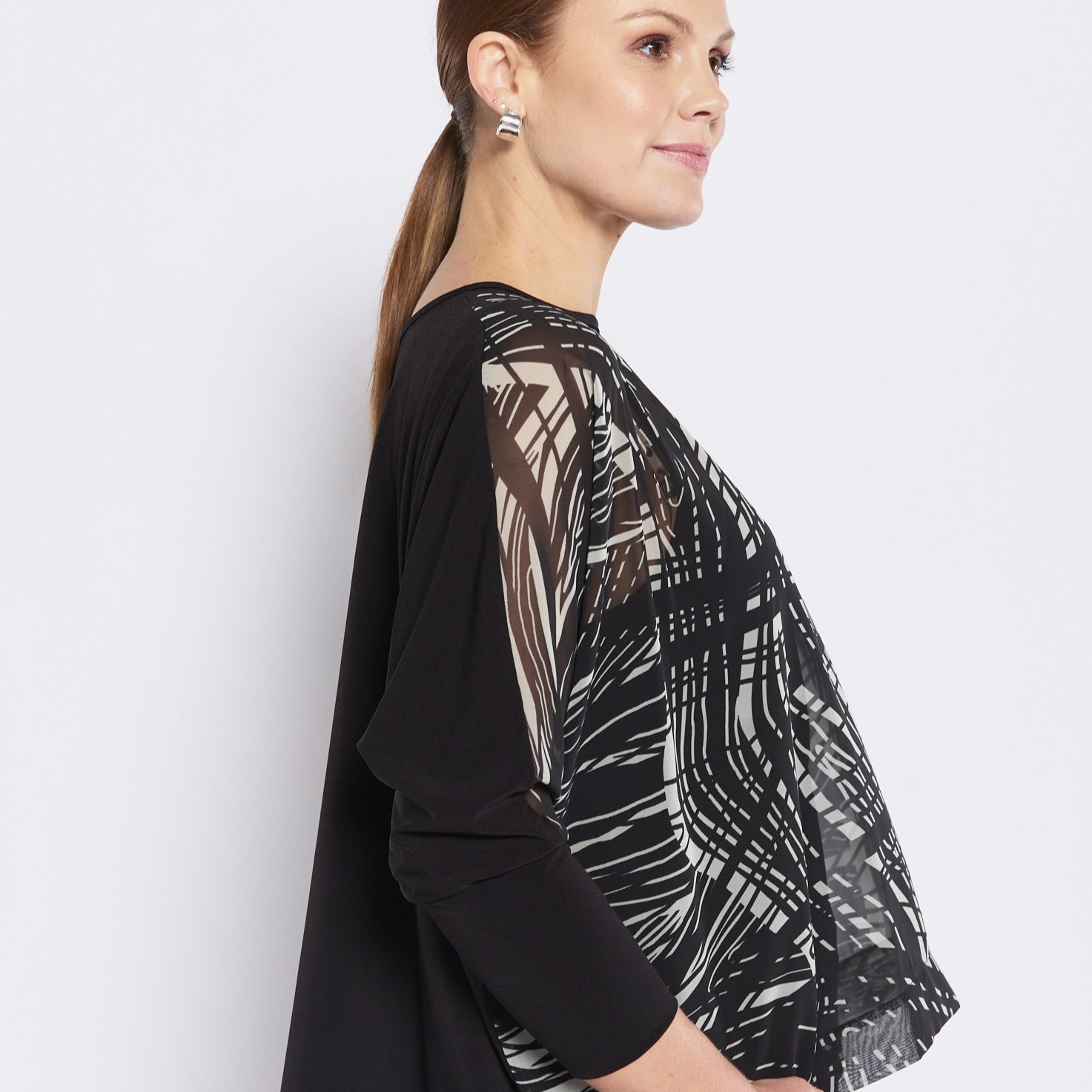 Chiffon and Jersey Spliced Blouse in Green Black Print