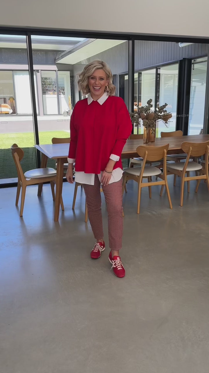 Montie printed Bengaline check pants in Everly Red